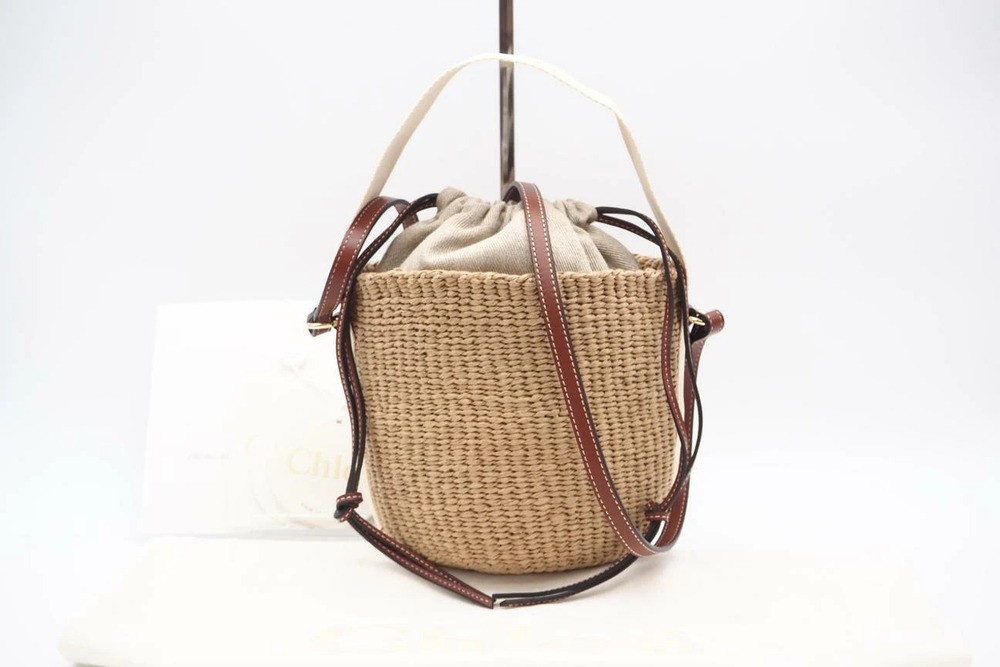 Chloe Fair Trade Paper Woody Basket White Handbag Beige Brown Calf Leather